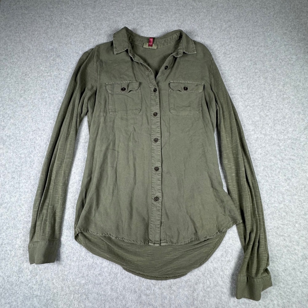 SO Womens Olive Green Slub Rayon Button Down Shirt High Low Hem Small